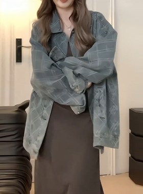 速发大码春设遮肉秋计感百i上衣overs搭ze港味复古牛仔外套