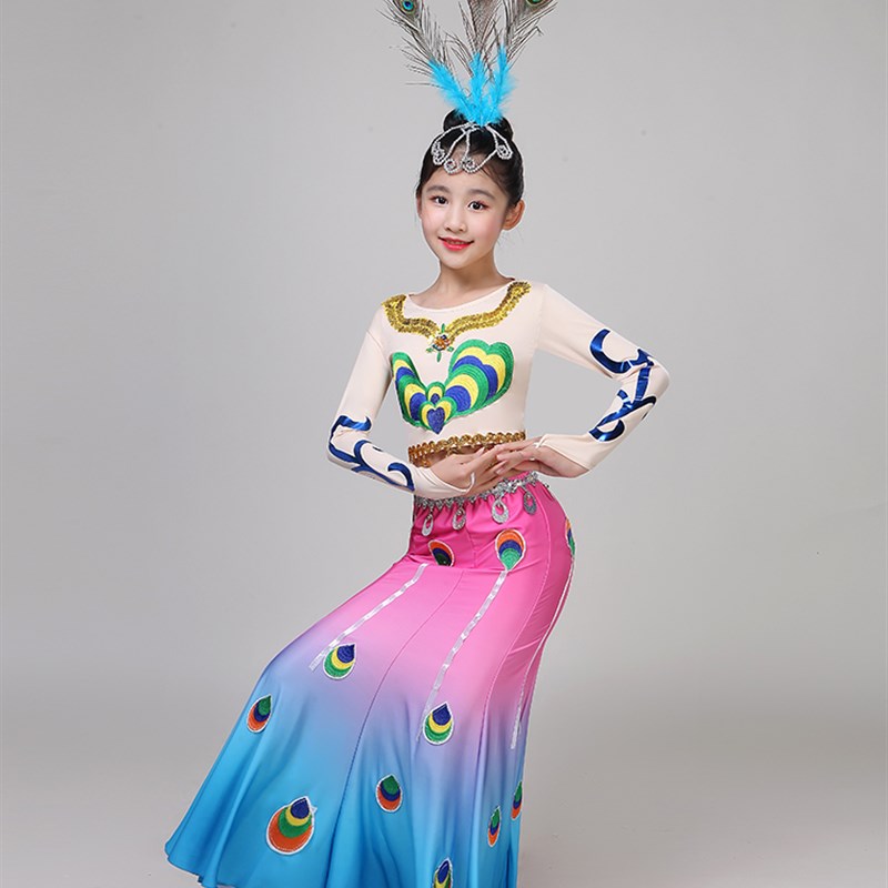 速发新款傣裙儿童演出服装孔雀舞蹈服装傣演鱼尾族表族服饰云
