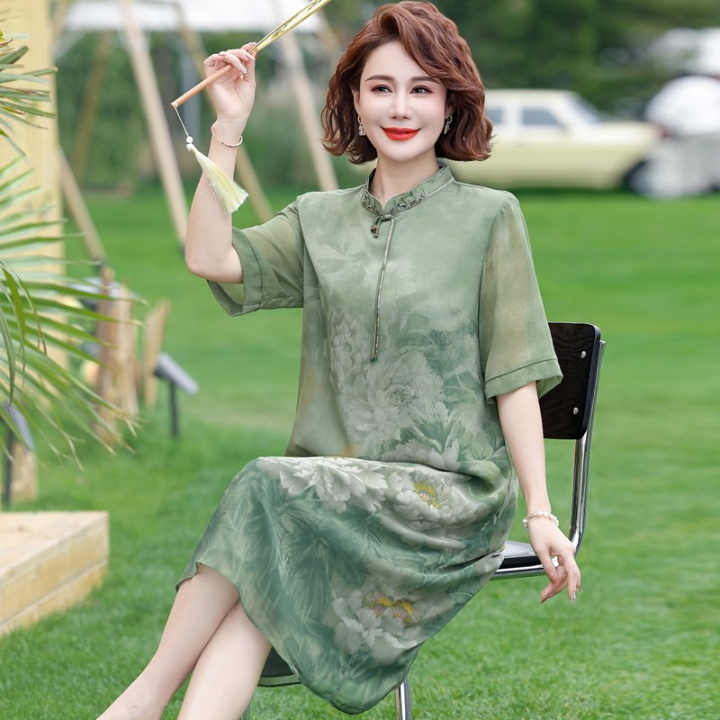 速发妈妈夏装气质中国风印花连衣裙中年改良旗袍中老年遮肚裙子