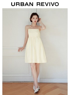 速发2024夏甜装季美少气质方领U带吊带连衣裙系WU740047