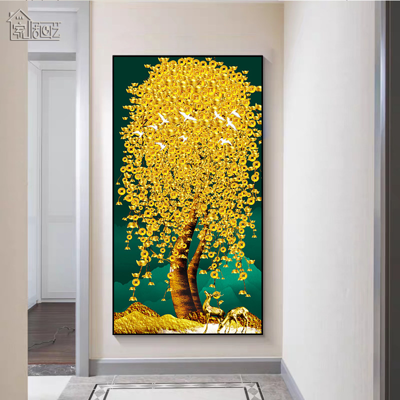 速发发财道招财树玄关进门挂画欧式简欧背景墙装饰画走廊过树壁画