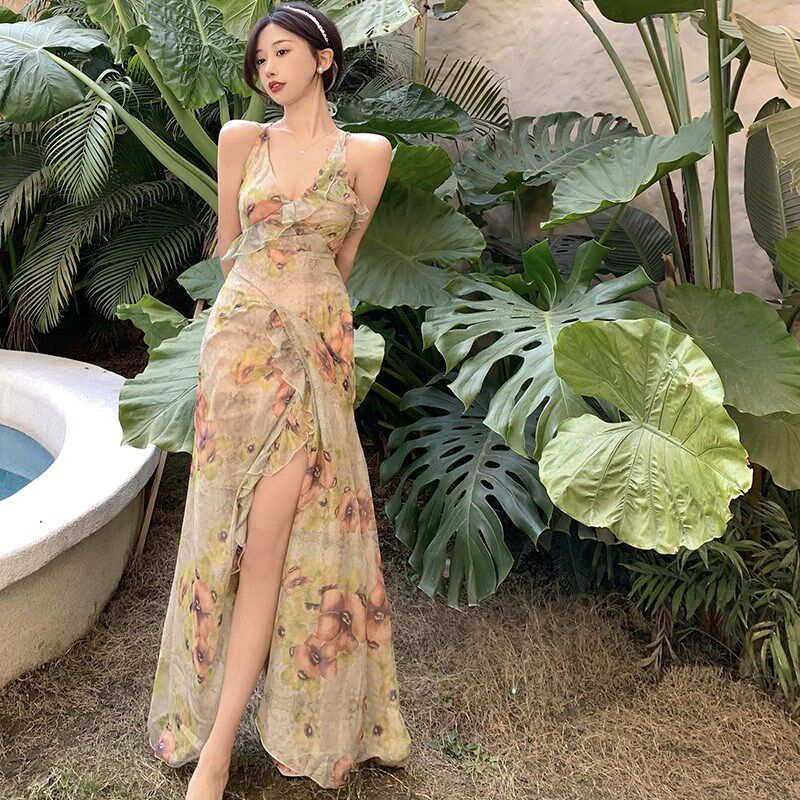 速发复古花朵油画印花V领长裙旗袍连衣裙吊带海南三亚海边度假沙