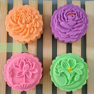 Flower Pattern Round Moon Cake Mould 75g HandPressure 4