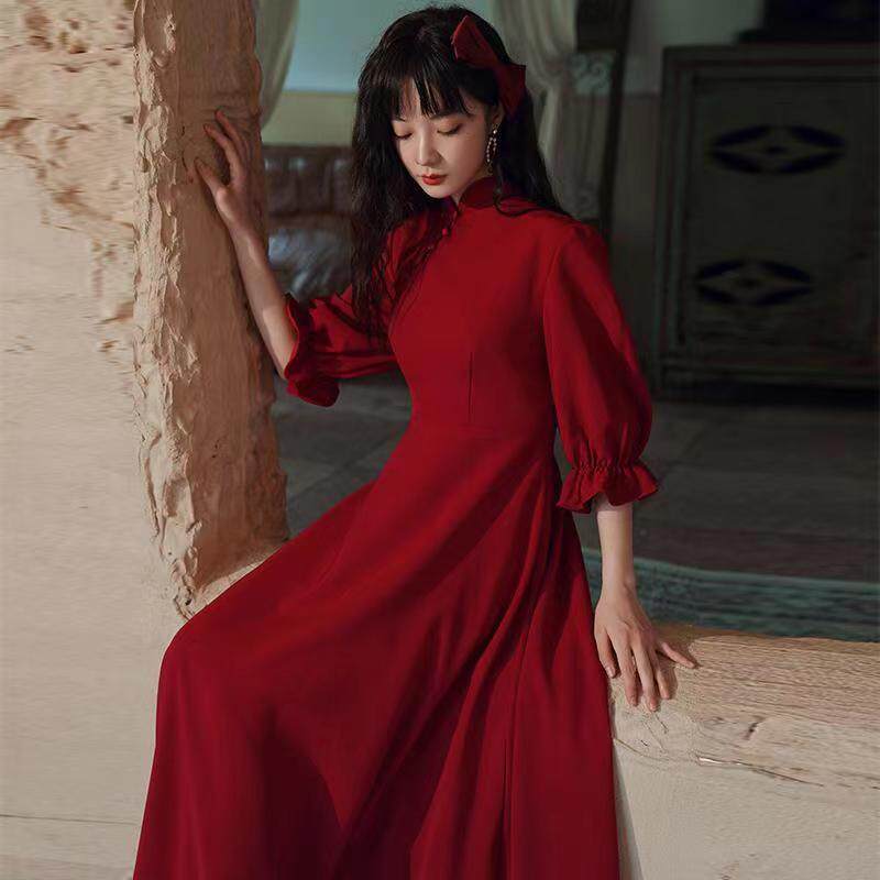 酒红色孕妇结婚礼服大码胖mm敬酒服新娘回门服中式旗袍婚礼裙子