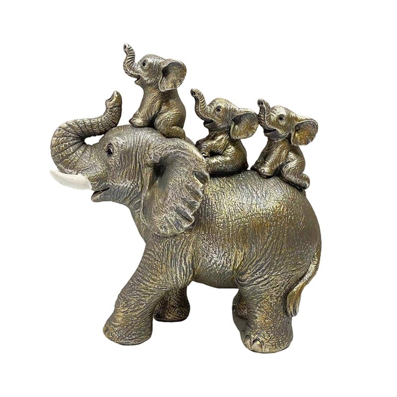 3 Baby Elephants Riding AN Elephant Statue Animal Figurine