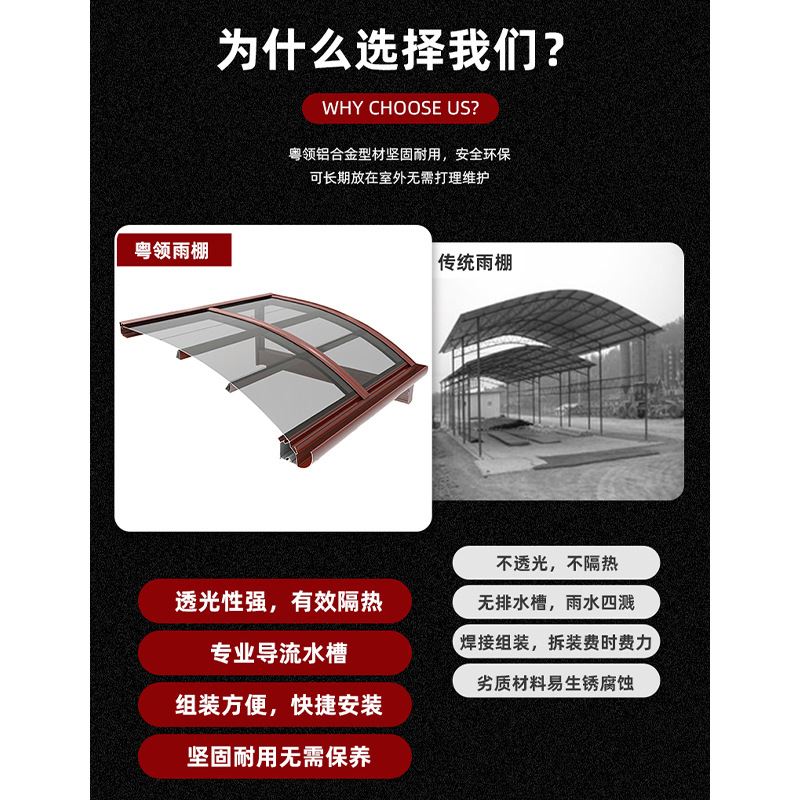 防台风遮雨棚 楼顶天台铝合金遮阳棚 防水隔音降噪耐力板雨篷雨蓬