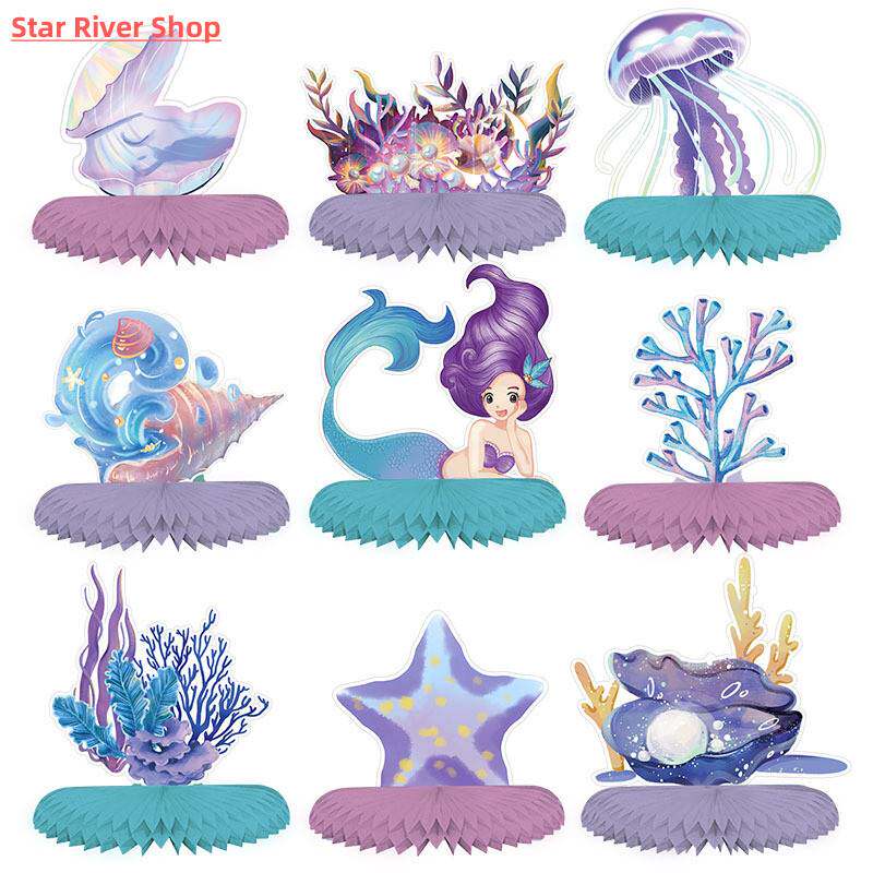 极速9pcs Set Mermaid Theme Paper Fan eycomb Ball Table Ornam