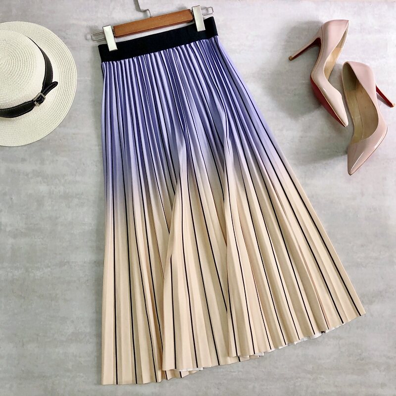 极速Spring Summer Women Midi Skirts Gradient Color Stripe Pl
