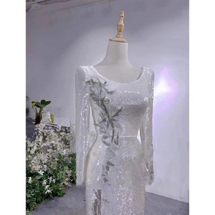 银色晚礼服裙女2025新款中式国风主持人端庄大气独唱女歌手演出服