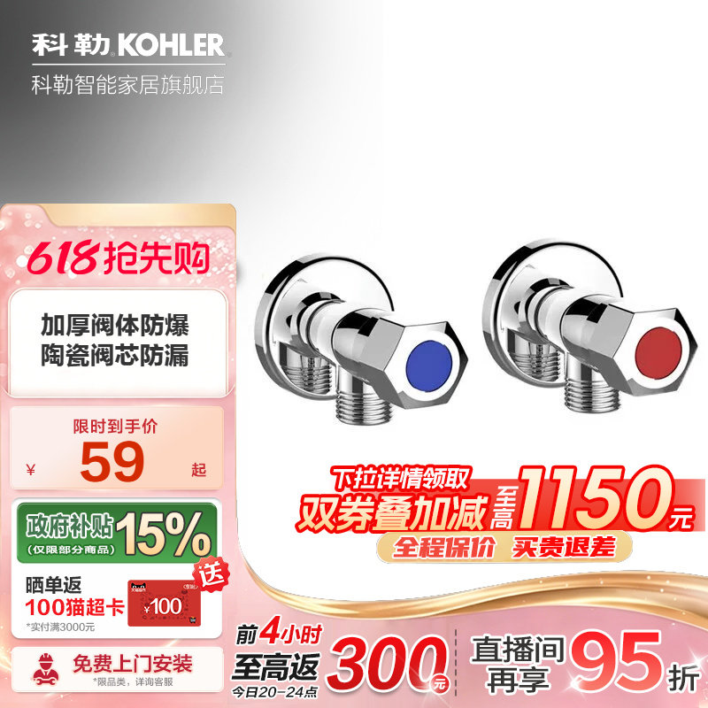 科勒四分角阀精通阀门家用热水器冷热水阀门开关马桶4分止水阀
