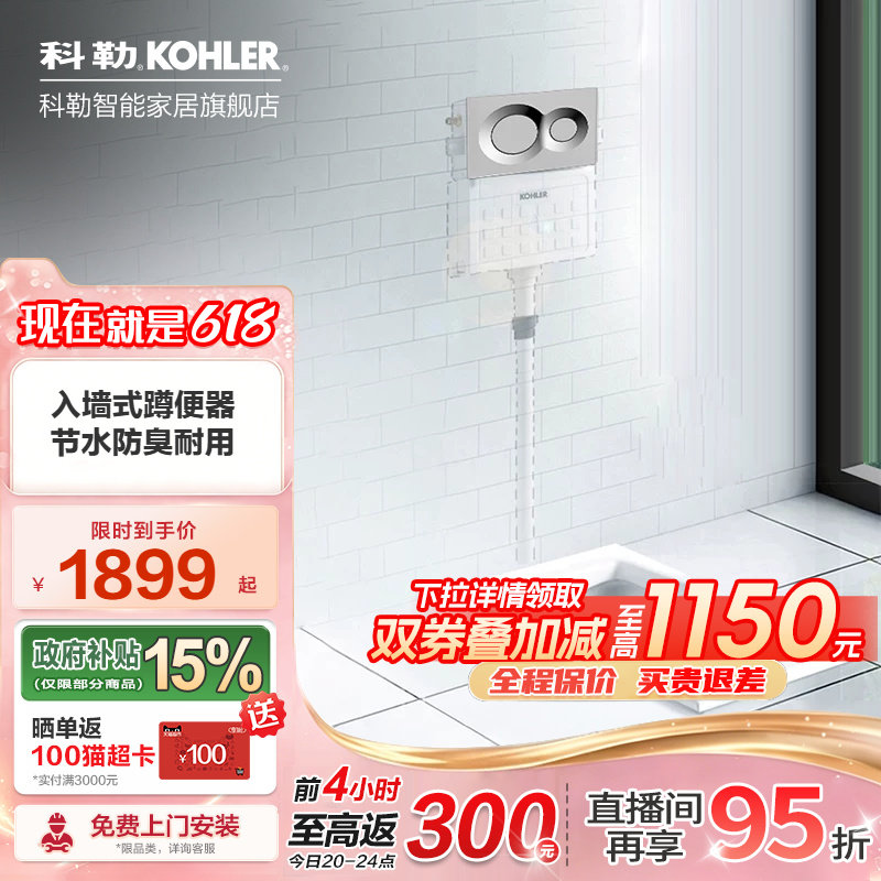 【政府补贴15%】科勒蹲便器嵌入式水箱陶瓷大便器卫生间防臭蹲厕