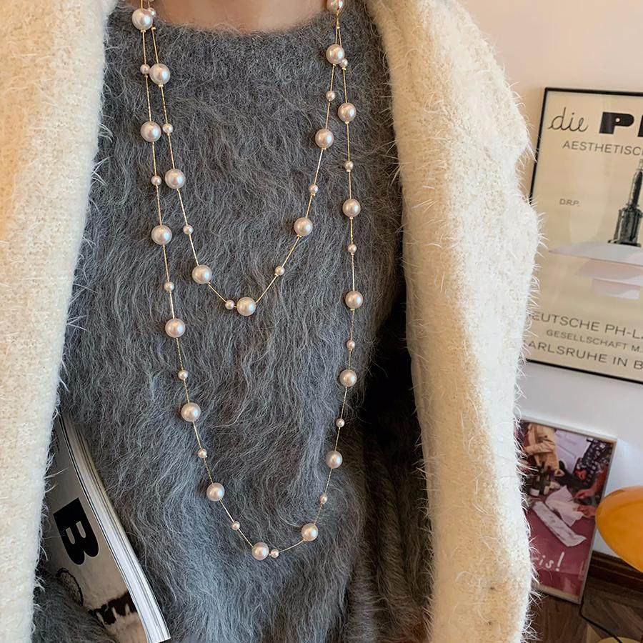 满天星长款珍珠叠戴项链女轻奢小众高级感毛衣链2025新款百搭配饰
