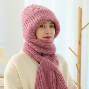 针织毛线帽子围巾一体女冬季加绒加厚保暖护耳中老年人帽2024新款