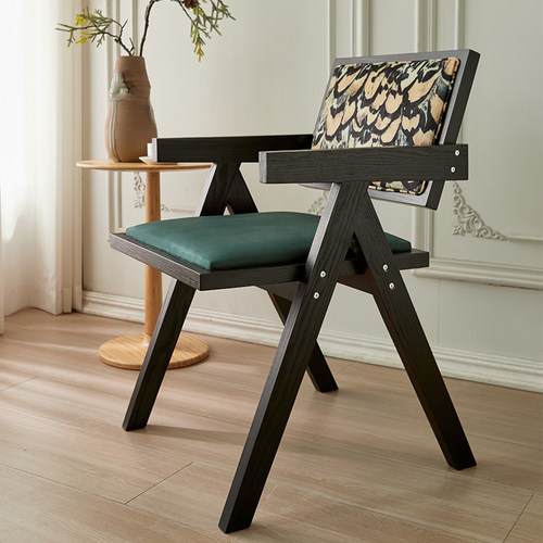 速发风实木宿包餐椅藤编昌迪加尔扶休闲民软椅手椅侘寂风椅子