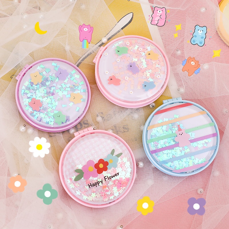 速发流沙可面镜便携随身化妆小迷你双爱少心折叠翻盖式镜圆镜子