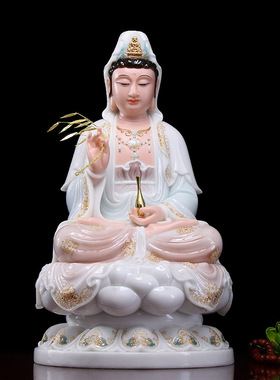 速发汉白玉观音 像 家供奉娑婆三莲 家用佛坐圣彩釉观音菩萨摆件