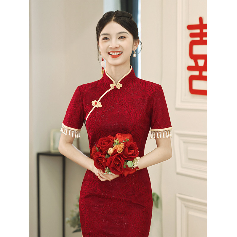 速发改良中式旗袍敬酒服新娘订婚感阁宴红色礼级回门连衣裙高服出