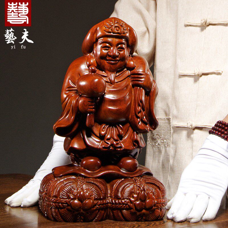 速发花爷质木实雕刻大黑天财神佛像财神梨摆件家居客厅装饰红木工