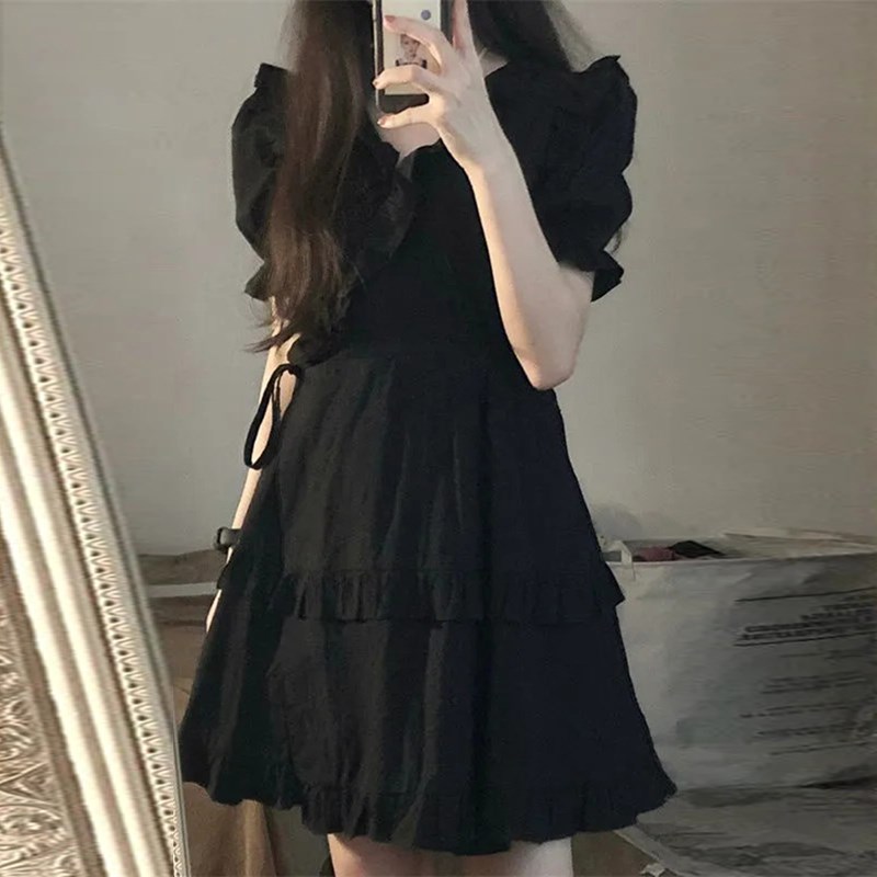 速发复古a质时装小黑裙木耳边收腰连衣裙学生气字裙