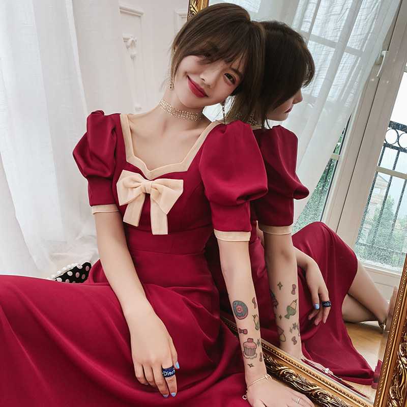 速发敬服酒服季订婚礼夏红色新娘连衣裙酒红色平时可穿结婚回门小