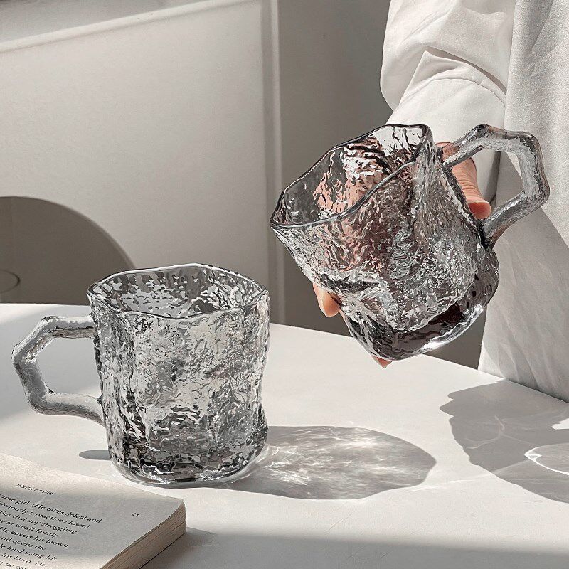 速发风烟灰冰川杯啡璃手玻把杯磨砂咖带杯小众家用饮料喝水杯子