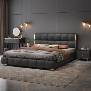 意式真皮泡芙床主卧2米x2米2双人大床轻奢实木储物1.8米软包婚床