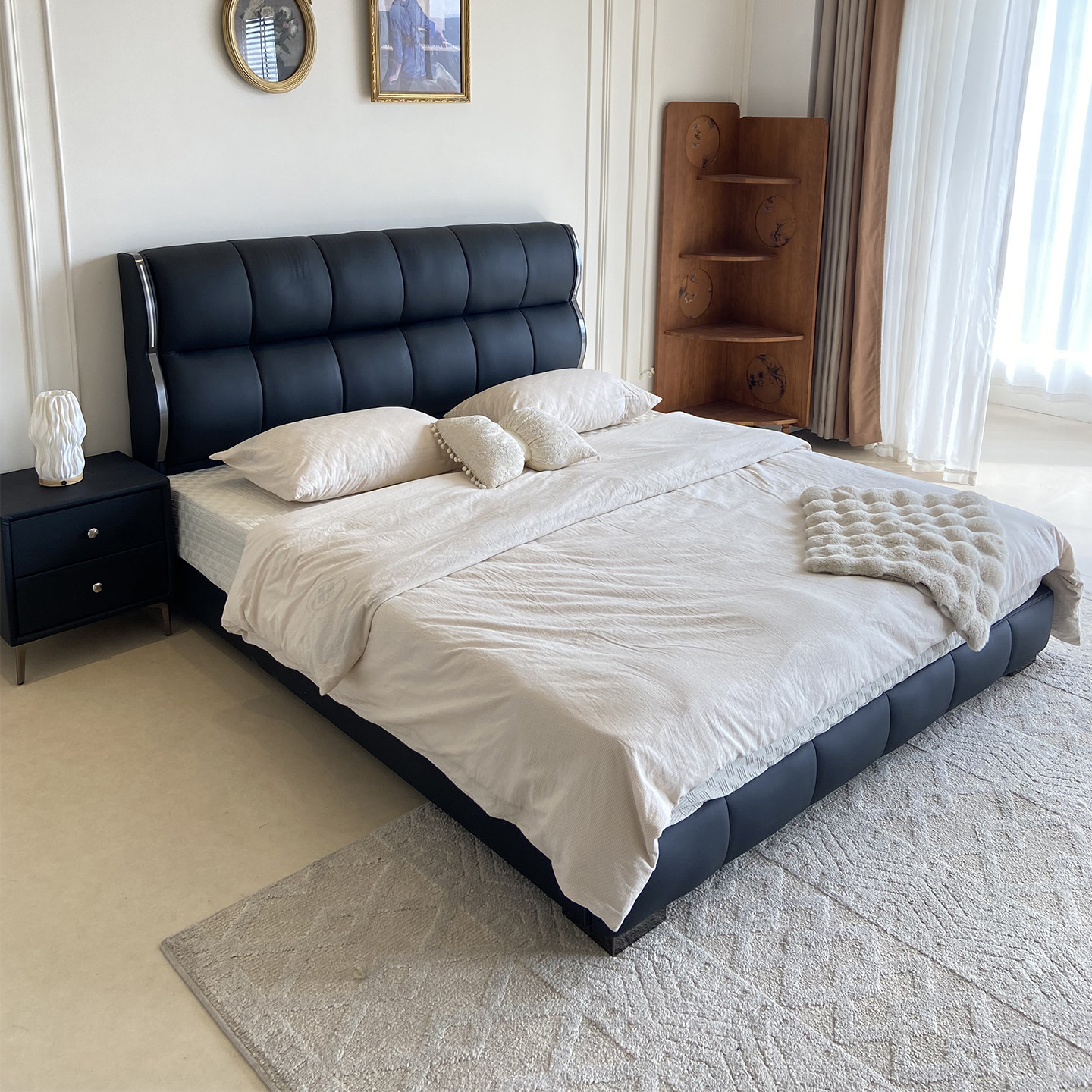 意式真皮泡芙床主卧2米x2米2双人大床轻奢实木储物1.8米软包婚床