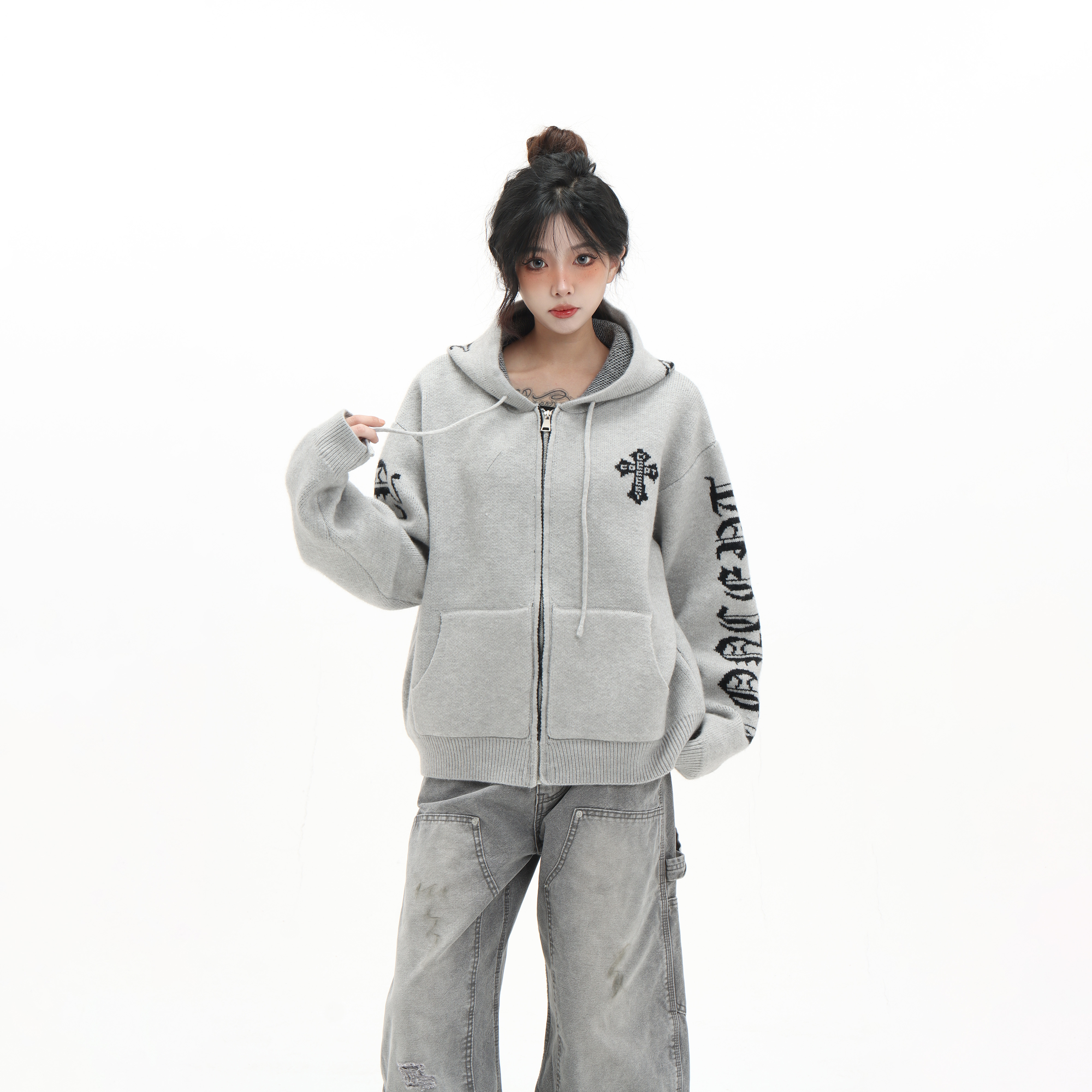 美式复古华夫格连帽开衫卫衣外套