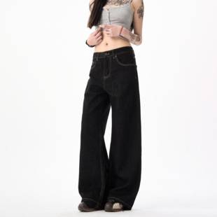 MAX ME复古黑蓝色丹宁宽松茶色明线莱赛尔12.8盎司原色牛仔长裤