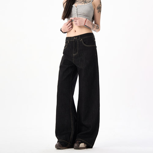 MAX ME复古黑蓝色丹宁宽松茶色明线莱赛尔12.8盎司原色牛仔长裤