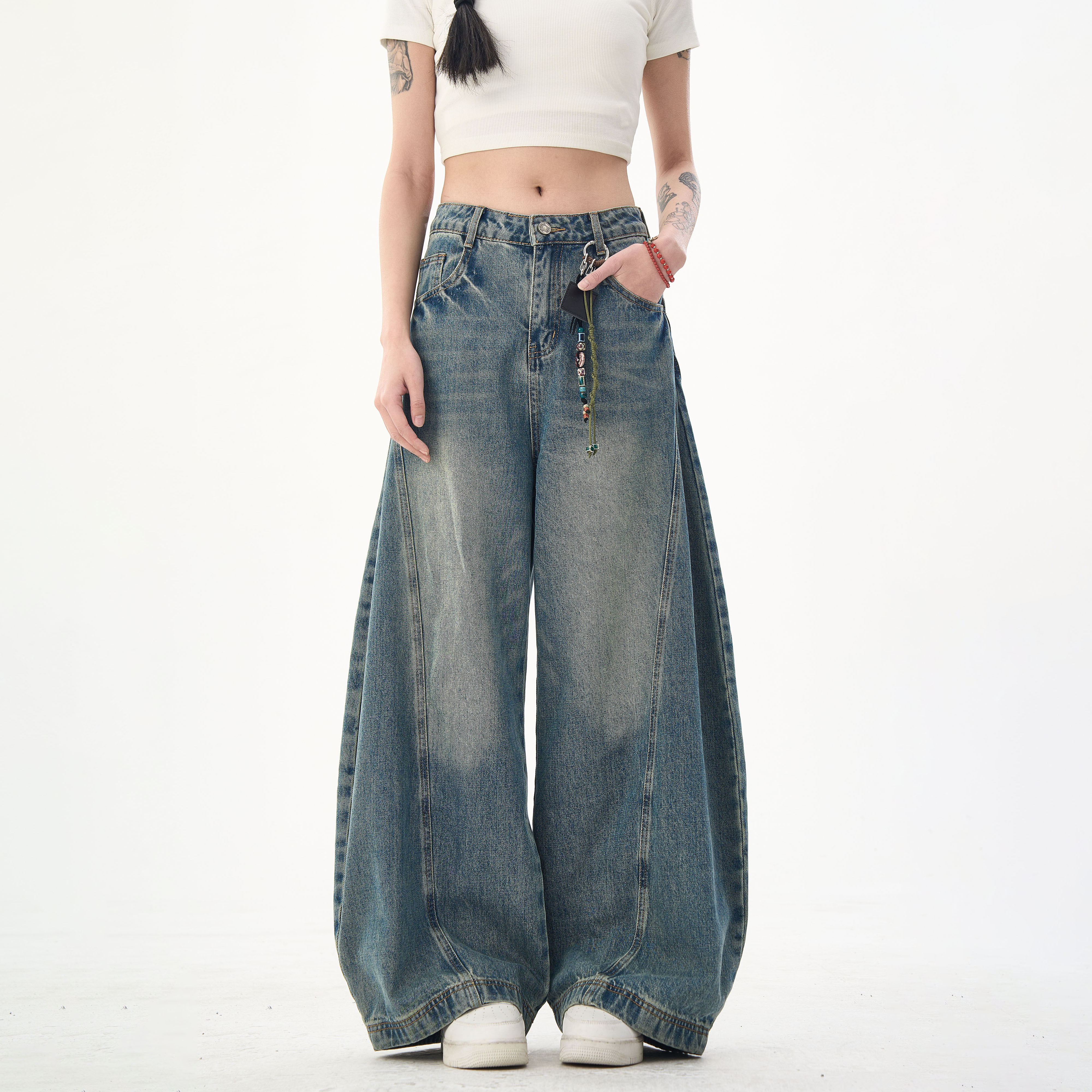 MAX ME复古水洗打褶弯刀牛仔裤男女美式宽松休闲阔腿裤子,男装,牛仔裤,淘宝优惠券,粉丝福利购,淘宝优惠卷