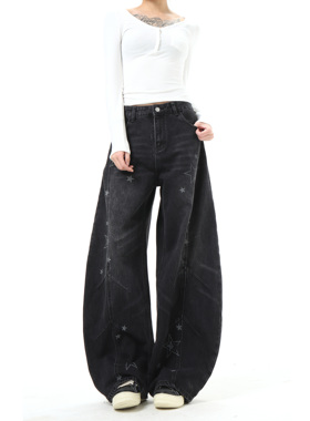 MAX ME美式复古星星做旧弯刀牛仔裤女轻亚风Y2K直筒显瘦阔腿裤子