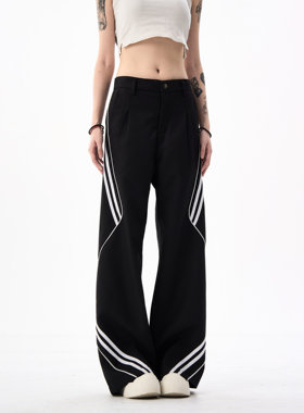 MAX ME美式复古条纹休闲西裤男女宽松直筒阔腿拖地长裤子潮牌