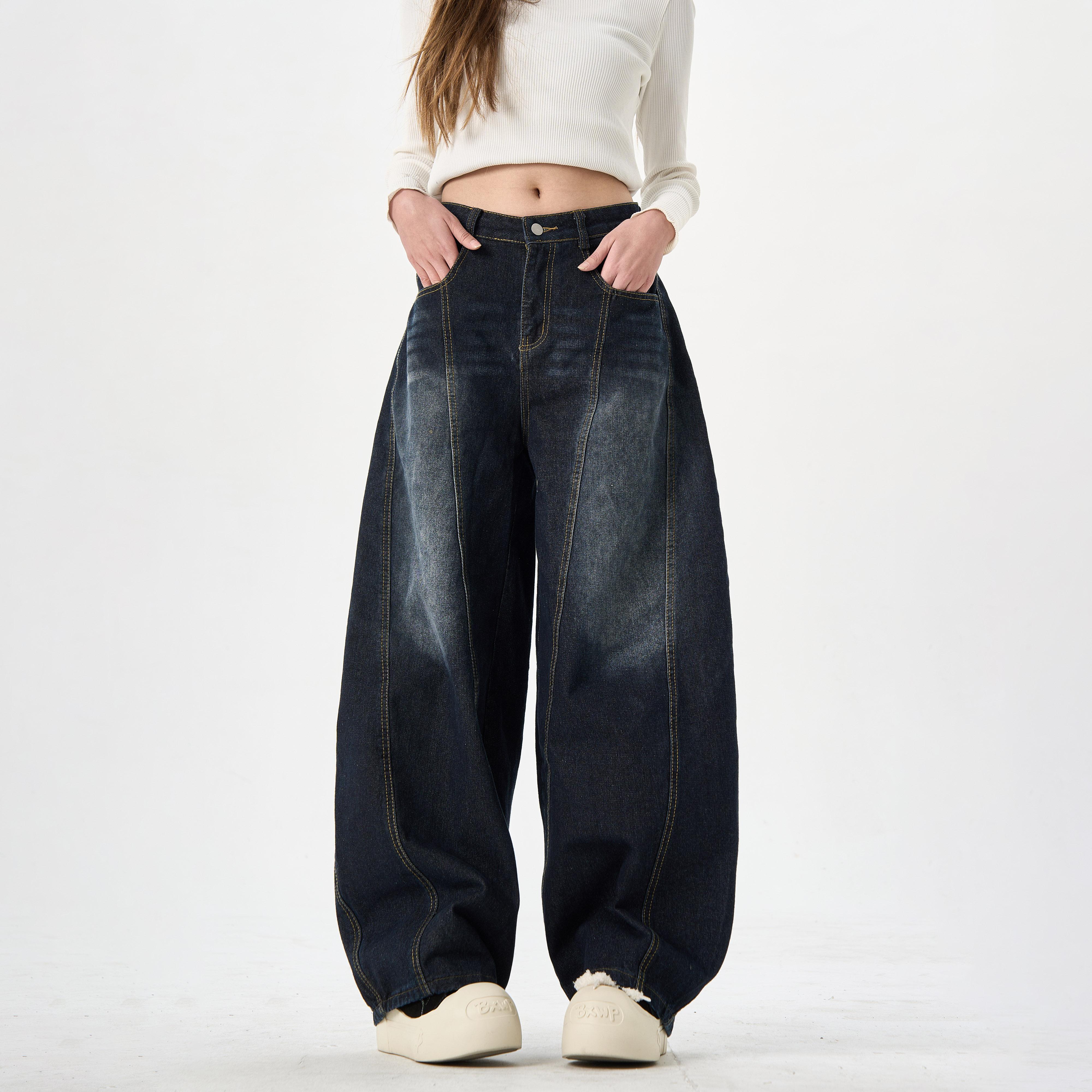 拖地做旧美式复古水洗弯刀阔腿裤