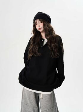 MAX ME早秋美式复古高级感假两件长袖打底衫女百搭宽松情侣上衣