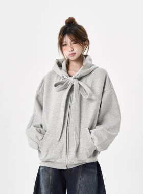 MAX ME美式复古绑带设计连帽卫衣男女宽松休闲cleanfit帽衫开衫潮