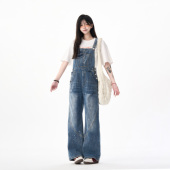 MAX 百搭休 街头复古美式 ME竹节喷墨宽松直筒牛仔背带裤 女夏季