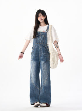 MAX ME竹节喷墨宽松直筒牛仔背带裤女夏季街头复古美式百搭休