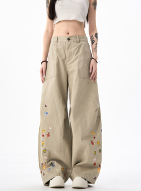 MAX ME美式复古印花宽松弯刀裤男女秋冬高街cleanfit休闲阔腿长裤