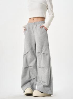 MAX ME美式复古褶皱弯刀休闲裤宽松高街痞帅情侣卫裤松弛感百搭潮