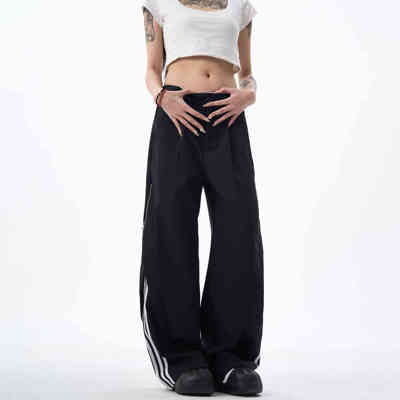 MAX ME美式高街解构拉链三条杠阔腿休闲裤男潮牌宽松百搭垂感西裤