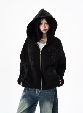 MAX ME秋款美式烫钻开衫拉链卫衣男潮牌高级感痞帅短宽外套情侣