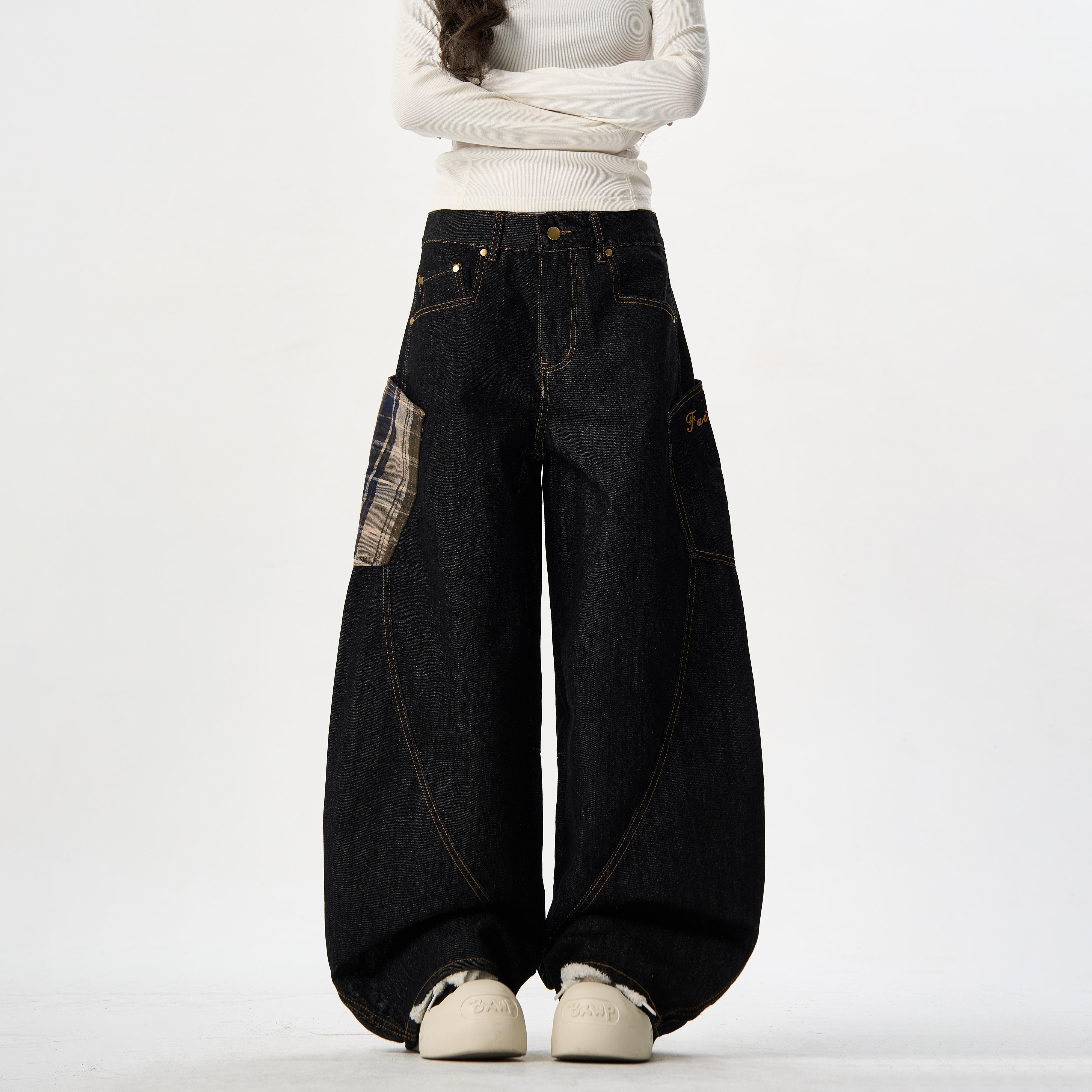 MAXME美式复古格子拼接牛仔裤