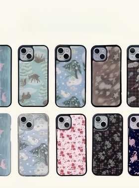 musemood韩国代购“格纹狗狗黑边”全包滴胶iPhone17promax手机壳海豚16pm半包菲林手机壳16Pro防摔15Pro外壳