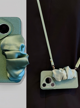 SecretRoom新款简约绿色丝巾腕带华为Pura70pro+手机壳适用于mate60pro手机套斜挎挂绳p50pro/p70镜头全包壳