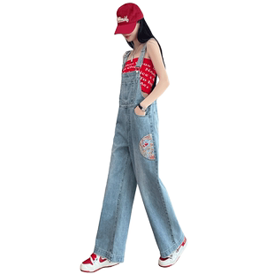 国风刺绣牛仔背带裤女2025年春夏季新款高腰宽松休闲显瘦阔腿长裤