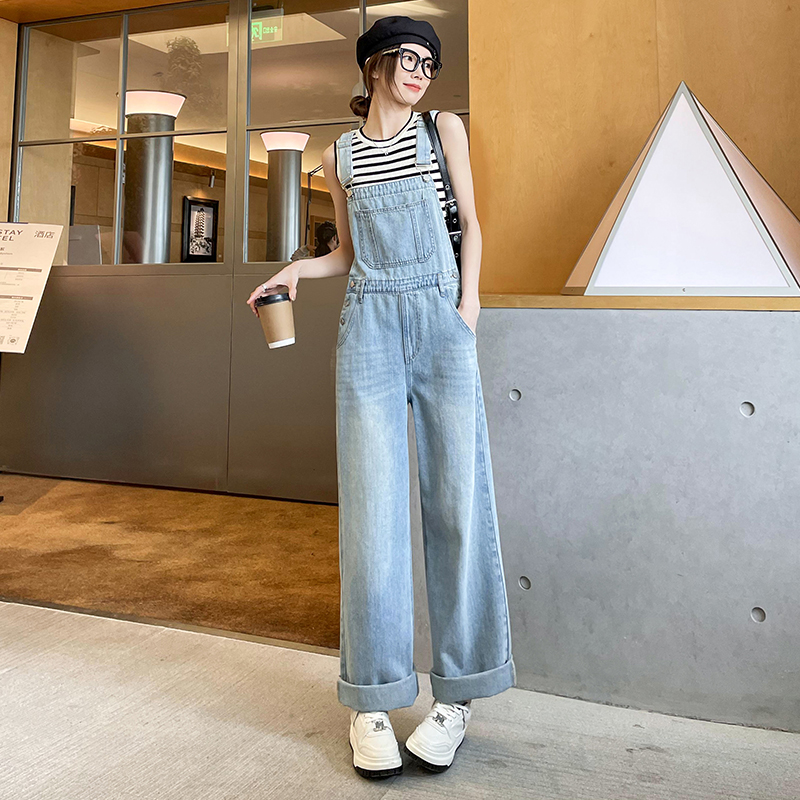 背带牛仔阔腿裤高腰显瘦连体裤女