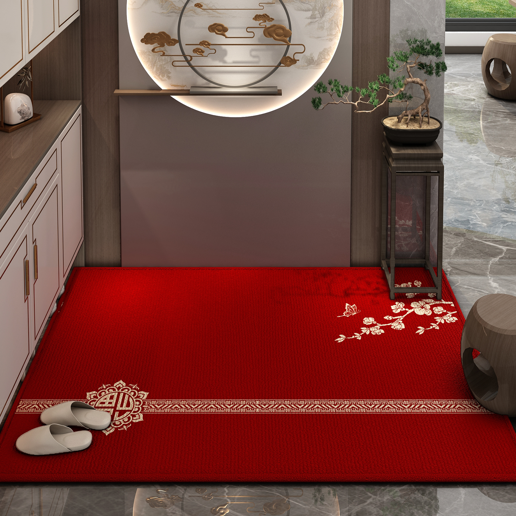 新中式地垫进门脚垫入户门垫红色喜庆地毯家用玄关门口垫子可裁剪