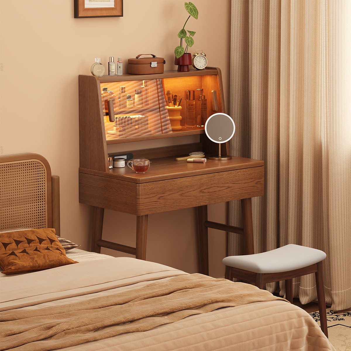 实木化妆桌梳妆台卧室现代简约梳妆台斗柜一体轻奢高级小型储物柜