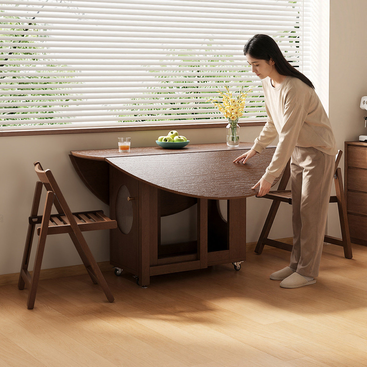 实木餐桌圆形储物可折叠餐桌椅组合中古风圆桌小户型家用吃饭桌子